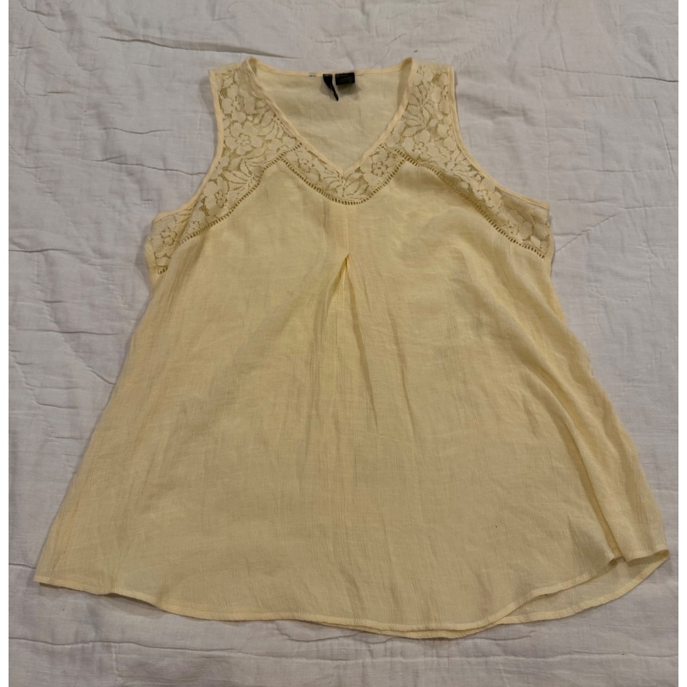 New Directions Womens Large Yellow Lace V-Neck Sleeveless Blouse Tank Top Sheer